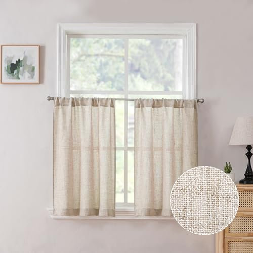 Tollpiz Vorhangstange aus Leinen, halbtransparent, halbe Küchen-Vorhänge, Jute, lichtfilternd, dicker Leinenvorhang für Badezimmer, 76,2 x 91,4 cm lang, naturfarben, 2 Stück