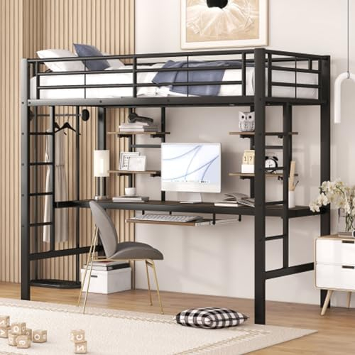 buiesjole Bettgestell Metallbett 90x200cm Hochbett Mit Schreibtisch Und 2 Bücherregalen Eisenbett Mit Fallschutz Kinderbett Jugendbett Für Kinder Jugendliche Und Erwachsene Schwarz
