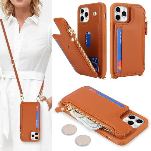 SailorTech Handyhülle für iPhone 11 Pro Max Etui mit Kartenfach, iPhone 11 Pro Max Hülle mit Verstellbarer Halskette, iPhone 11 Pro Max Handytasche mit Reißverschluss Geldbörse - Braun