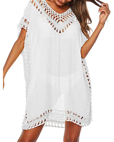 Qianderer Women Cover Up Beach Dress Hollow Out Beachwear Bikini Swimsuit Bathing Suit Cover Ups Dress (White, One Size)