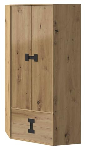 Mirjan24 Eckkleiderschrank Satton SA02, Drehtürenschrank mit Kleiderstange, Fächer und 2 Schubladen, Eckschrank, Kleiderschrank für Kinderzimmer (Artisan Eiche/Artisan Eiche Hochglanz)