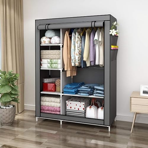 Generic Portable Wardrobe, Foldable Closet, Clothes Storage Organiser with Hanging Rail, Shelves, Fabric Cover, for Bedroom, Cloakroom, 105 x 45 x 175 cm - Fabric Canvas Wardrobe (Grey)