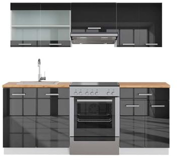 Vicco Küchenzeile Fame-Line, Anthrazit Hochglanz/Weiß, 200 cm | 5 Module · Höhenverstellbare Füße · Arbeitsplatte Eiche · MDF-Fronten · Softclose · Metallgriffe