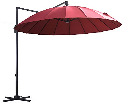 Outsunny Parasol Sombrilla de Jardín Ø300 cm de Diámetro con Manivela y Poste Giratorio 360° Techo Inclinable en 6 Posiciones Base Cruzada Incluida Rojo