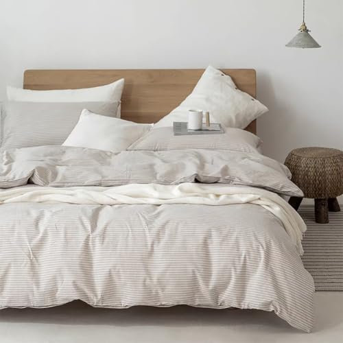 AShanlan Bettwäsche 200x200 Baumwolle Beige Gestreift Bettbezug mit 2 Kissenbezug 80x80 Gewaschene Leinenoptik Bettwäsche Set mit Reißverschluss