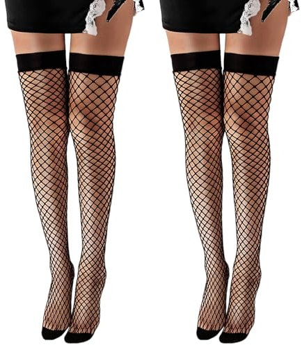FUIPVGI 2 Pares Medias de Red para Mujer Medias de Red de Pesca Medias de Rejilla Hasta el Muslo Medias de Malla Medias de Mujer, Medias Elásticas Antideslizantes, Talla única (Negro)