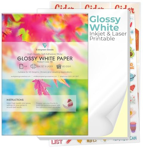 Evergreen Goods A4 White Glossy Self-Adhesive Sticker Paper | 1000 Sheets | Inkjet & Laser Printable | For Cutter Plotter | Strong Sticky Back | Make Your Own Stickers, Arts & Craft, Product Labels