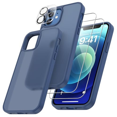 FLLAO 4 en 1 Funda para iPhone 12 con 2 Protector Pantalla y 1 Protector Lente Cámara, [Almohadilla de Aire integrada] Antigolpes Antiarañazos Carcasa 6,1 Pulgadas, Azul Oscuro