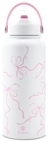 32 oz Insulated Water Bottle with Straw, Bow Water Bottle Stainless Steel with Flip Straw and Handle, Leak Proof, Metal, Reusable, Wide Mouth, for Travel, Gym and School (Breeze Pink Bow)