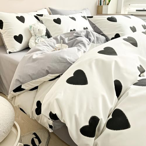 Nayoroom Herzchen Bettwäsche 135x200 Weiß mit Schwarz Herzen Aesthetic Bettbezug Set 2teilig Herz Muster Grau Renforce Mikrofaser Cute Kuschelbettwäsche mit Reißverschluss und Kissenbezug 80x80 cm