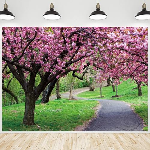 CRTPOD Spring Cherry Blossom Backdrop Pink Floral Trees Garden Park Path Nature Scenery Photography Background for Outdoor Portraits Party Decorations Banner Photo Studio Photobooth Props 7x5ft