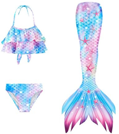 Meerjungfrau Flosse Mädchen mit Bikini Sommer Cosplay Monoflosse Kostüm Schwimmflossen Kinder Shepretty Fischschwanz Glitzernder Ideal für Pool und Meer