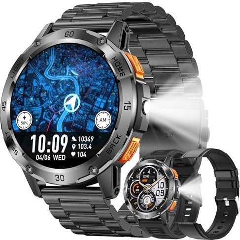Smartwatch Herren mit Bluetooth Anrufe Taschenlampe, 400mAh Große Batterie, 1,53 AMOLED 5ATM Fitnessuhr mit SpO2 Blutdruckmessung Herzfrequenz Schrittzähler, Fitnessuhr für iOS Android (Schwarz)