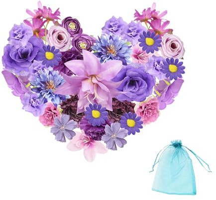 Zequech 40 Künstliche Blumenköpfe für Kunsthandwerk, Mini - dekorative Blumen in Lila - Serie, Blumen für Brautstrauß, Wandtafel, Hochzeitsfeier, Party, Zuhause, Garten, DIY - Dekoration, Fotoprops