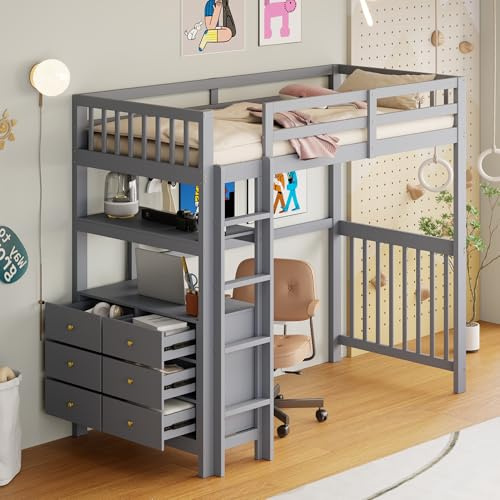 RIAZOS Kinderbett 90x200 cm, Hochbett mit 6 Stauschubladen, Stauraumbett mit Regal, Holzbett, Etagenbett, Jugendbett, Bettgestell mit Lattenrost, Grau, ohne Matratze