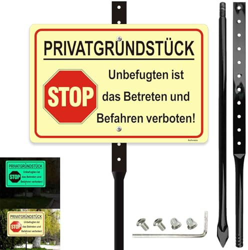 Panneau de propriété privée avec support de poteau, panneau interdit d'entrée et de circulation, en aluminium, photoluminescent, 20 x 30 cm, hauteur 88 cm, résistant aux UV, imperméable, inoxydable