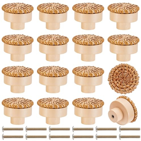 INTERWARM 30 bouton de Commode Bohème en Rotin Poignées de Tiroir | Décoratives en Bois Tressé à la Main avec Vis Incluses pour Commode Meubles de Cuisine Faits Main Placards et Armoires (DIY)