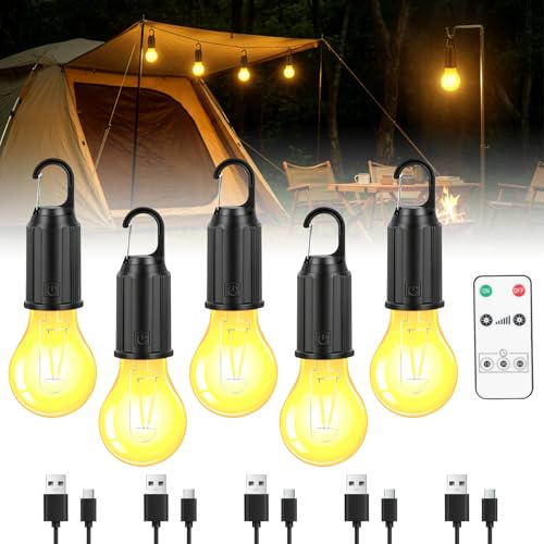 DAJASD Campinglampe Aufladbar, 5 Stück Tragbare Camping Licht Glühbirne, 3 Helligkeitsmodi, Zeltlampe Glühbirne, Wasserdicht, USB-Ladung für Camping Abenteuer Angeln Garage Notfall Stromausfall