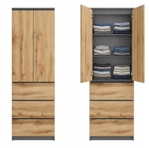 Home Collective Kleiderschrank, Garderobenschrank, Mehrzweckschrank 2-türig mit 3 Einlegeböden & 3 Schubladen | Schrank für Schlafzimmer, Flur oder Büro | 50x40x180 cm (BxTxH) | Anthrazit-Eiche