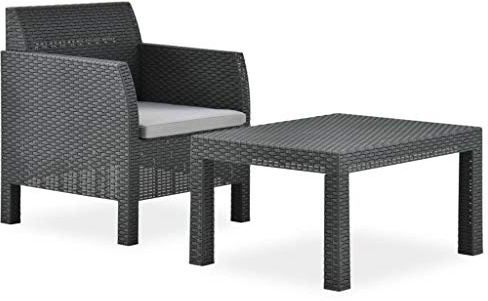 zylophax 2-TLG Garten-Lounge-Set Anthrazit PP Rattan wetterfest mit Polster, 63x65x76 cm Stuhl, 58x58x41 cm Tisch, Sitzgruppe Outdoor für Terrasse, Balkon, Gartenmöbel Set mit UV-beständigen Kissen