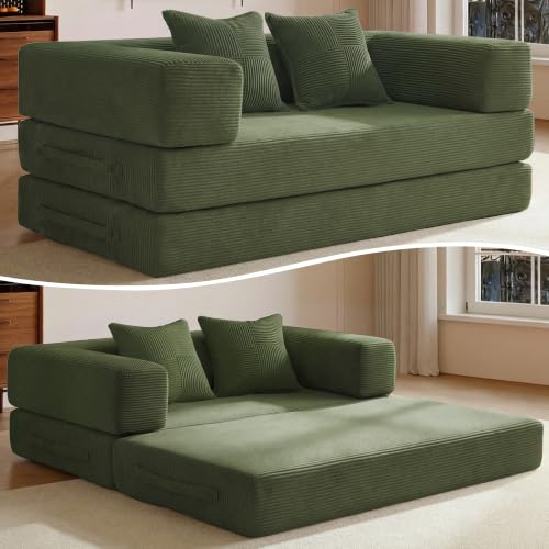 Vipbear Schlafsofa 160cm Breit,5-in-1 Faltbares Boneless Couch Grün | Bodensofa Bed Cordstoff 2er mit Schlaffunktion,Klappsofa Gästebett mit Armlehnen & Rückenkissen,Metallrahmen,ohne Montage