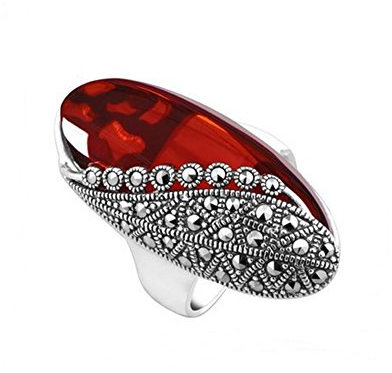 JadeAngel Vintage Sterling Silber Oval 15 x 32 mm Erstellt Granat Zirkonia Markasit Ring