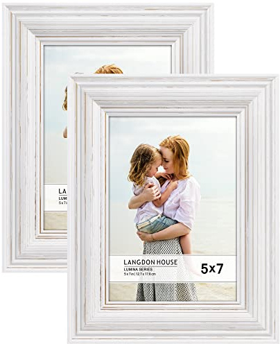 Langdon House - 7x5 Real Wood Picture Frames - Weathered White - Gold Accents, 2 Pack - French Country Style Wooden Photo Frame 7 x 5 - Lumina Collection