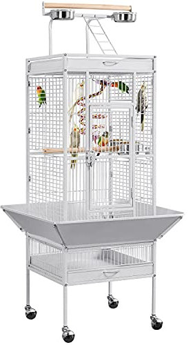 Yaheetech Grande Cage Oiseau Cage Perroquet Volière Oiseaux Intérieur Exterieur avec roulettes pour Cacatoès Perruche Canaris Perroquet Blanc