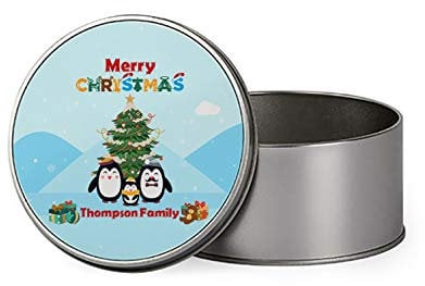Personalised Penguin Family Merry Christmas ANY SURNAME Gift present Idea Portable Metal Tin Storage Box Biscuit Chocolate Tin Emergency Stuff Tin Birthday Gift. (Round)