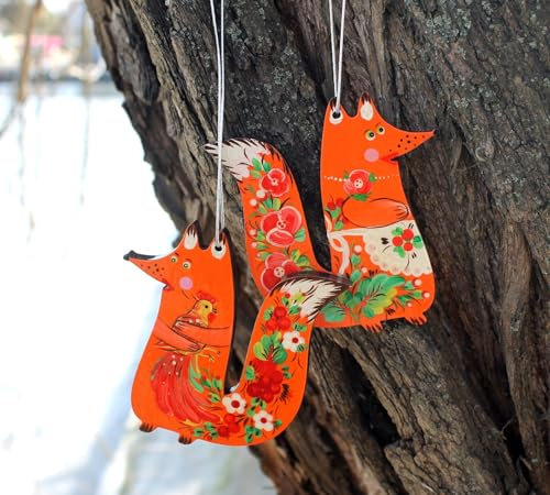 Christbaumschmuck Lustige Tiere 2 St. Set Fuchse Weihnachtsfiguren aus Holz zum Aufhängen 100% Handarbeit, Beidseitig Traditionell Handbemalt in der Ukraine