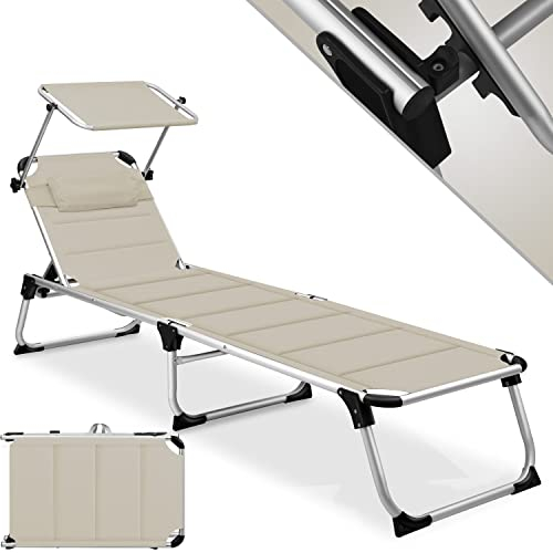 KESSER® Lettino da sole SUN con tettuccio - lettino da giardino sedia a sdraio pieghevole - con parasole - schienale reclinabile, ergonomico - superficie di riposo imbottita, Beige