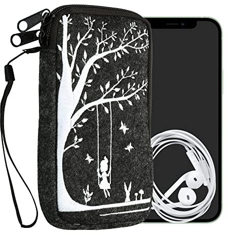 kwmobile Handytasche für Smartphones L - 6,5 - Handy Filztasche - Mädchen Baumschaukel Weiß Dunkelgrau - 16,5 x 8,9 cm Innenmaße