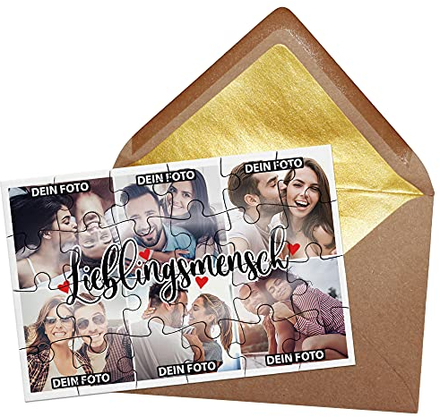 PR Print Royal Foto-Puzzle - Lieblingsmensch - inkl. Briefumschlag mit Gold-Inlay - Geschenk für Paare, Freunde, Familie - mit SECHS Bildern Bedrucken Lassen - 24 Teile