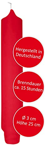 FINK rote Stabkerze Tafelkerze Tischkerze - weiß für festliche Tischdekoration Weihnachten - lange Brenndauer ca 15 Stunden - H 25 cm D 3 cm