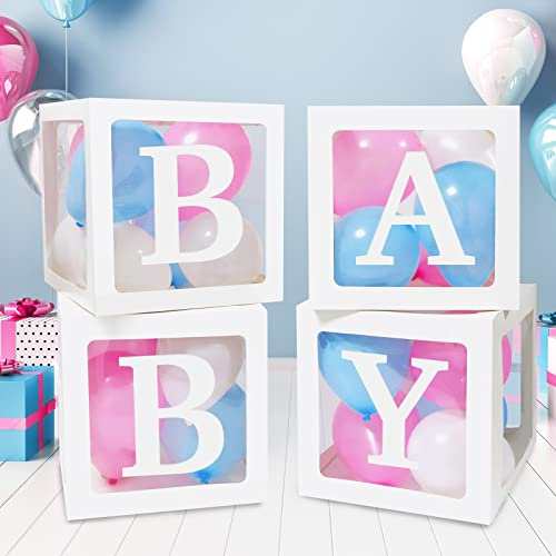 RUBFAC Baby Boxes with Letters and 36 Balloons, 4pcs Clear Balloon Boxes for Gender Reveal Baby Shower Decorations