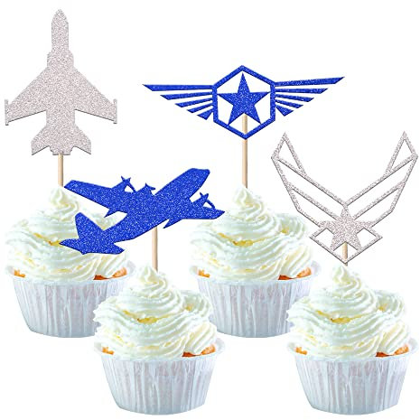 24 Pack Air Force Cupcake Toppers Glitter Military Emblem Airplane Cupcake Picks for Army Navy Airplane Theme Kids Birthday Cake Decorations Party Supplies Blue Silver