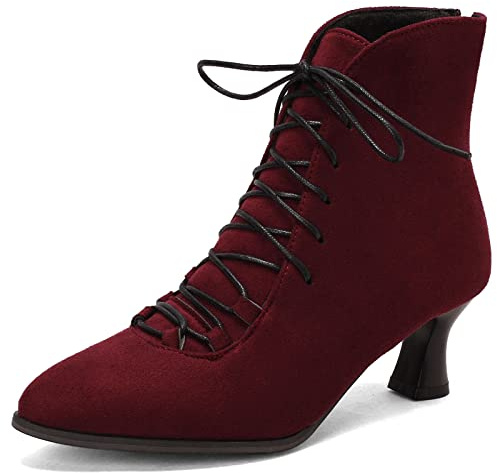 CUTEHEELS Damen Vintage Stiefeletten mit Reißverschlüssen und Kätzchenabsatz für Business/Dating, weinrot, 38 EU