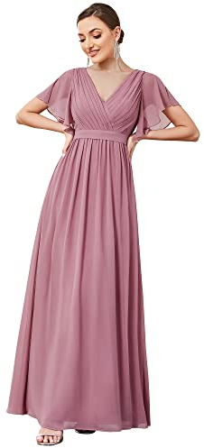 Ever-Pretty Damen Ballkleider Gürtel A-Linie Empire Kurze Ärmel V-Ausschnitt Chiffon Abendkleid Elegant Orchidee 48EU