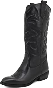 QUEEN HELENA Stivali Camperos di Pelle a Punta con Tacco Western Stivaletti Texani Scarpe Donna S201 (Nero, numeric_36)
