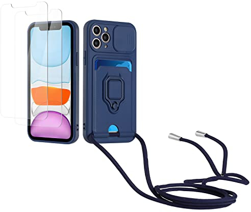Kaslly Case für iPhone 11 Pro Handykette Hülle+[2 Schutzfolie Glas],Slide kameraschutz,Silikon Handyhülle zum Umhängen Kette,Kartenfach-Navy blau