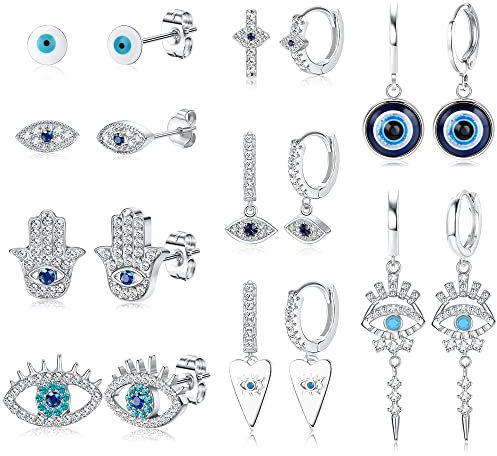 Kakonia 9 Paar Türkisches Auge Ohrringe Set Silber Vergoldet Baumeln Hoop Ohrringe Hypoallergen Ohrstecker für Frauen Türkisches Auge Schmuck