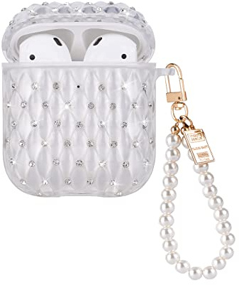Glitter Diamond Design for AirPods 1/2 Case with Pearl Wrist Chain Keychain,Clear Sparkle Bling Crystal Airpod 2nd Generation TPU Shock Proof Protective Skin Cover for Women Girls