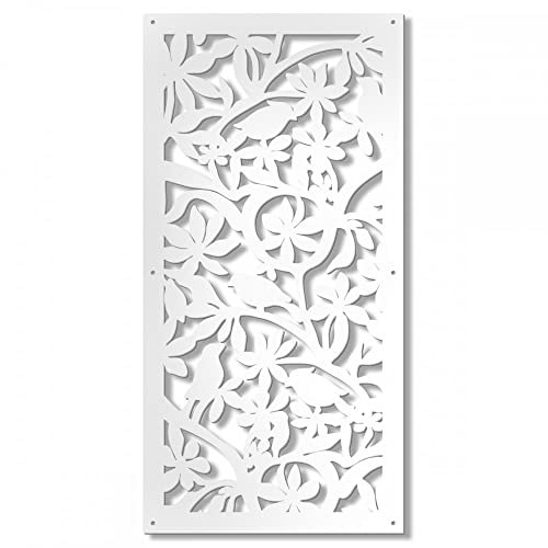 Tableau ajouré pour décoration modèle fleurs oiseaux – Panneau en PVC perforé – Pare-soleil couleur blanc 73 x 148 cm
