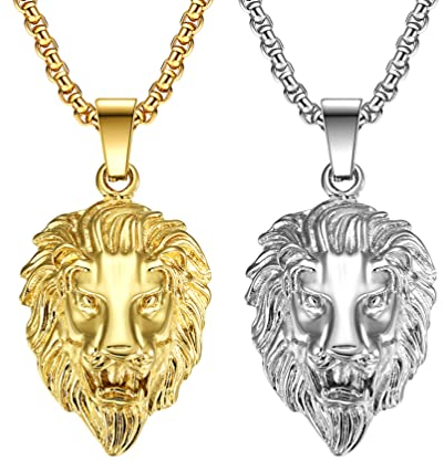 Liitata 2 Stück Löwenkopf Anhänger Halskette Löwe Halskette Rock Gothic Punk Hip Hop Kette für Männer - Gold Silber