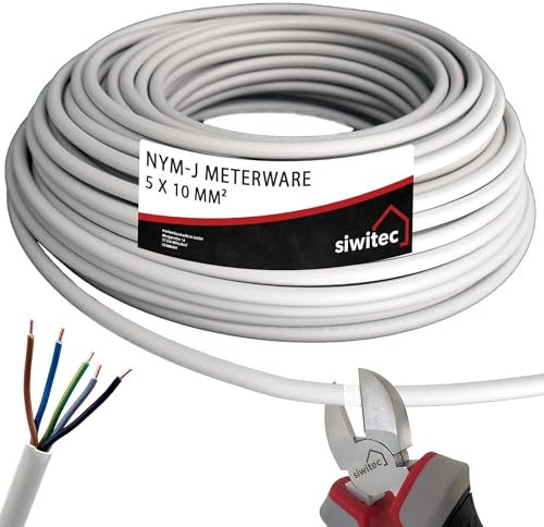 siwitec NYM-J 5x10 mm² Kabel, Mantelleitung, Installationskabel, Feuchtraumkabel in grau, exakt zugeschnittene Meterware in Profi-Qualität, Länge (aktuelle Auswahl) = 10 Meter