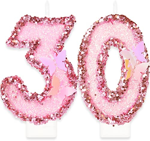 Geburtstagskerzen Zahlen 30, Schmetterling Kerzen Geburtstag, Personalisierte Manuell Geburtstagskerzen, Rosa Pailletten Kuchendeko, Tortendeko 30 Geburtstag für Frauen Mädchen Geburtstags Jubiläum