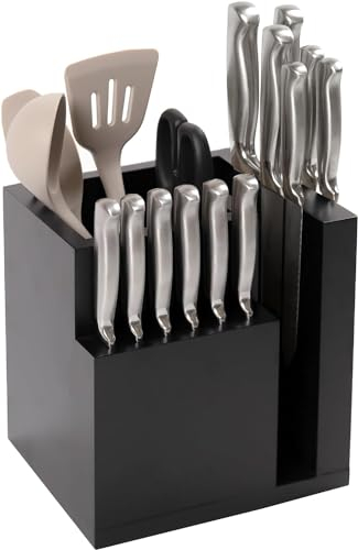 KitchenEdge Bloc de couteaux magnétique en bambou et porte-ustensiles de cuisine, rangement élégant pour couteaux de chef, couteaux à steak, spatules, ciseaux, pieds en caoutchouc antidérapants, noir