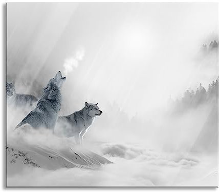 Heulende Wölfe jagen Hirsch im Nebel B&W Detail Herdabdeckplatte & Spritzschutz aus Echtglas | Für Herd-Kochfelder | 60x52 cm