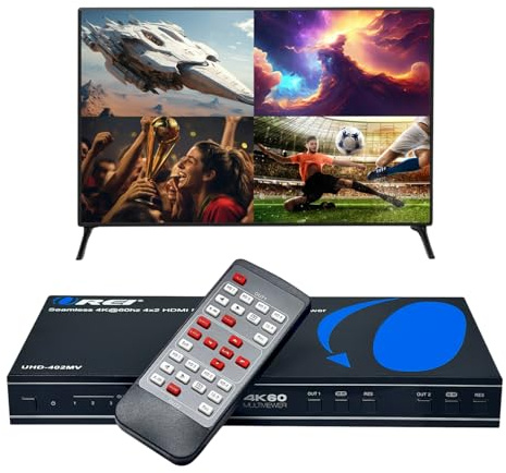 OREI 4K Multi HDMI Viewer Quad 4 in 2 Out, Matrix Switcher 4 Ports Seamless IR Remote Support 4K @ 60Hz 1080P for PS4/PC/DVD/Security Camera, HDMI Switch Optical Audio L/R Output - UHD-402MV