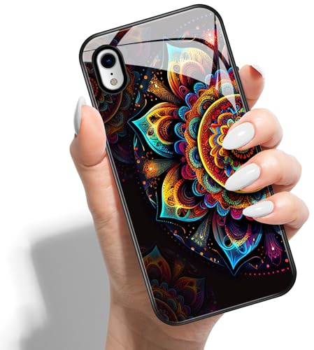 Handyhülle für iPhone XR 6.1 HD Glas PC Hardcase Drucken Rückseite mit Silikon Hülle Schutzhülle Case Cover Muster Design für Mädchen Jungen - Mandala-Blumen